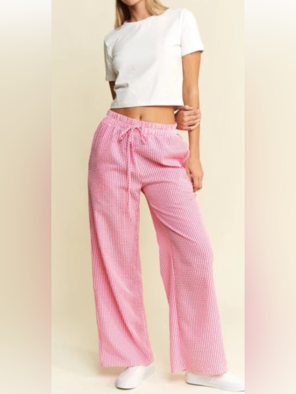 Jade by Jane - Pink Gingham Wide-Leg Pants